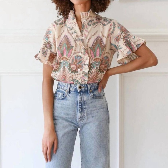 Mille Tops - Mille Vanessa Top Versailles Women Sz Medium Cream Multi Button Down Ruffle